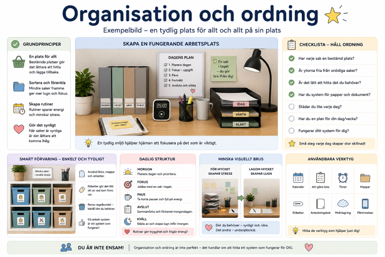 Illustration om fokus och koncentration med tips och fakta i olika avsnitt.