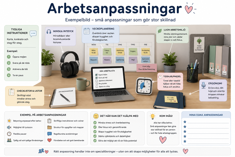 Ett kontorsutrymme med arbetsanpassningar och utrustning för olika behov.