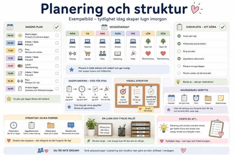 Planering och struktur med ikoner för olika aktiviteter och fokusområden.