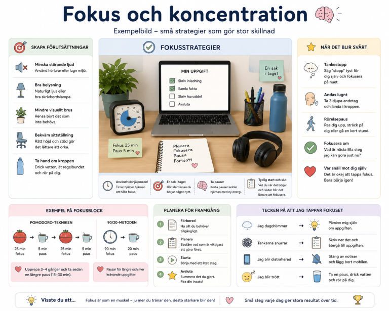 Illustration om fokus och koncentration med tips och fakta i olika avsnitt.